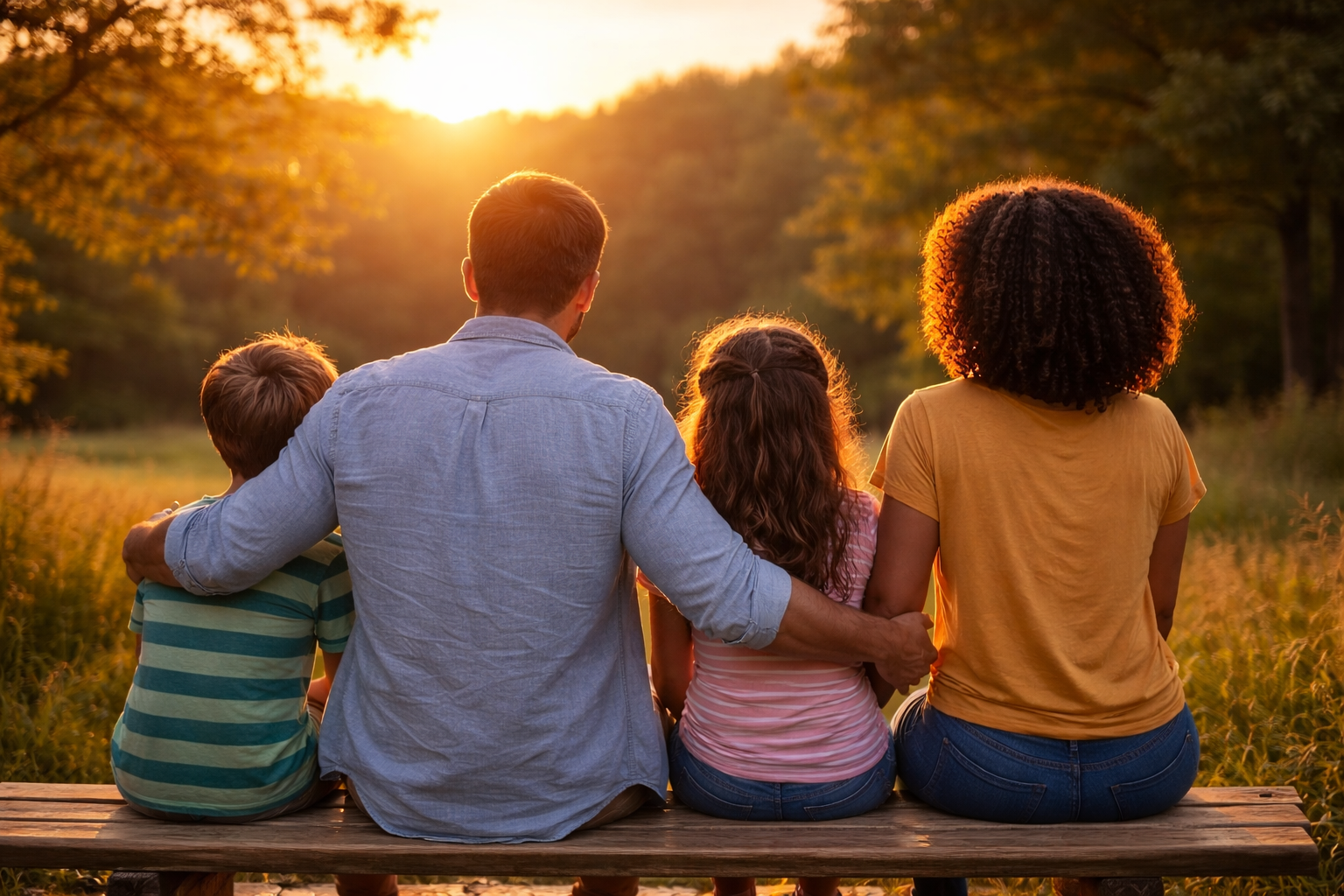 Family walking together through nature at sunset